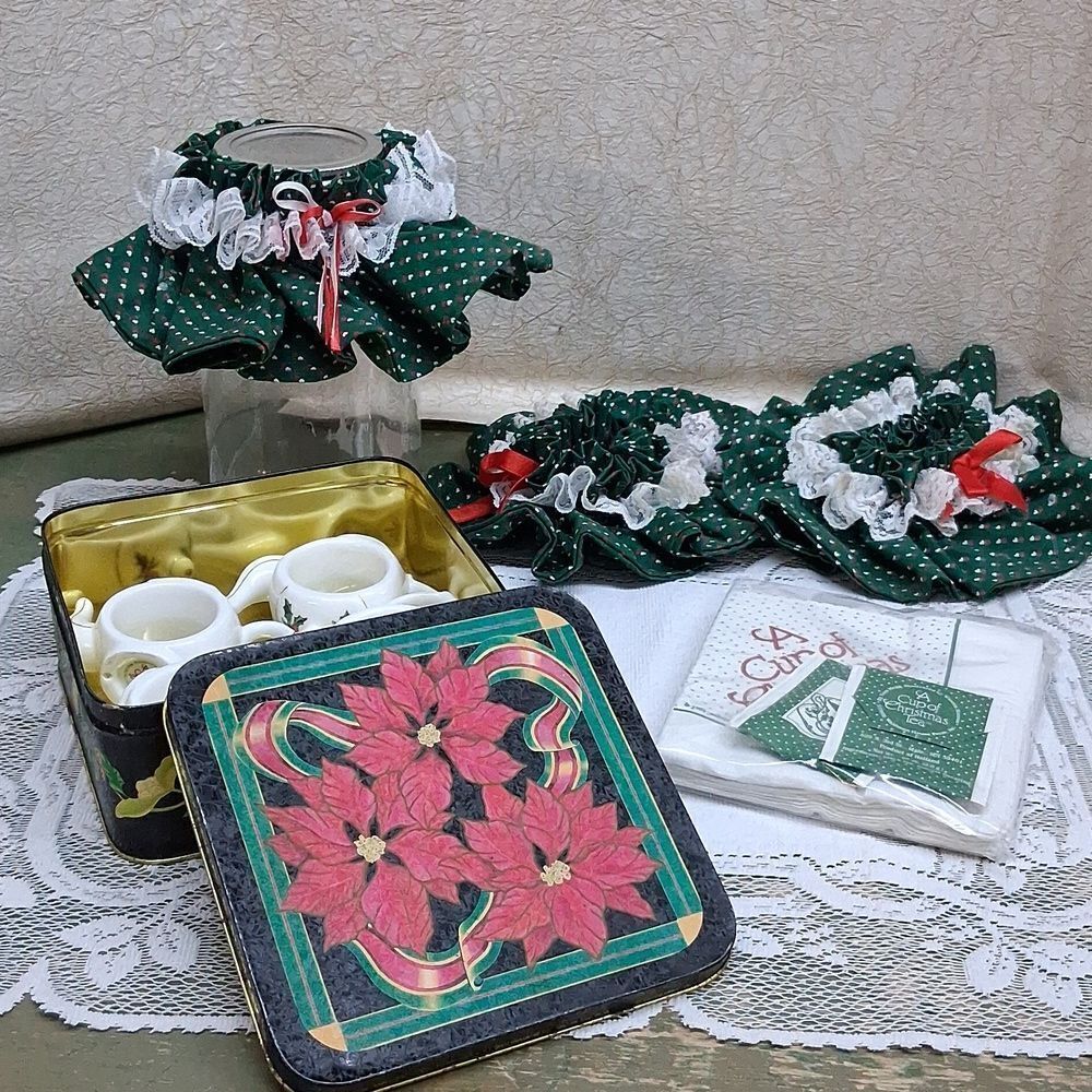 "A cup of Christmas Tea" Square Tin, Napkins, napkin holders, 3 Bottle Trims-9pc